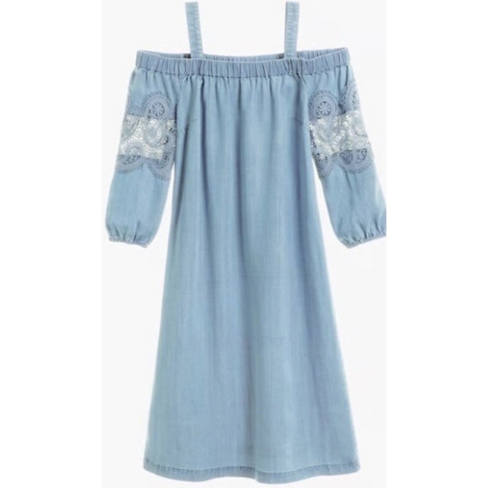 Chico's Womens Chambray Off Shoulder Paisley Lace Inset Half Sleeve Dress Sz L